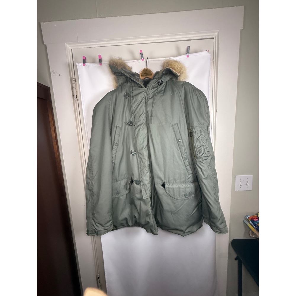 Vintage N-3B Snorkel Parka Sage Green Flight Jacket Large Fur Trim Hood N3B